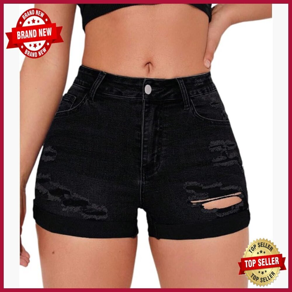 Mid Rise Ripped Denim Shorts Stretchy Folded Hem Distressed Jean